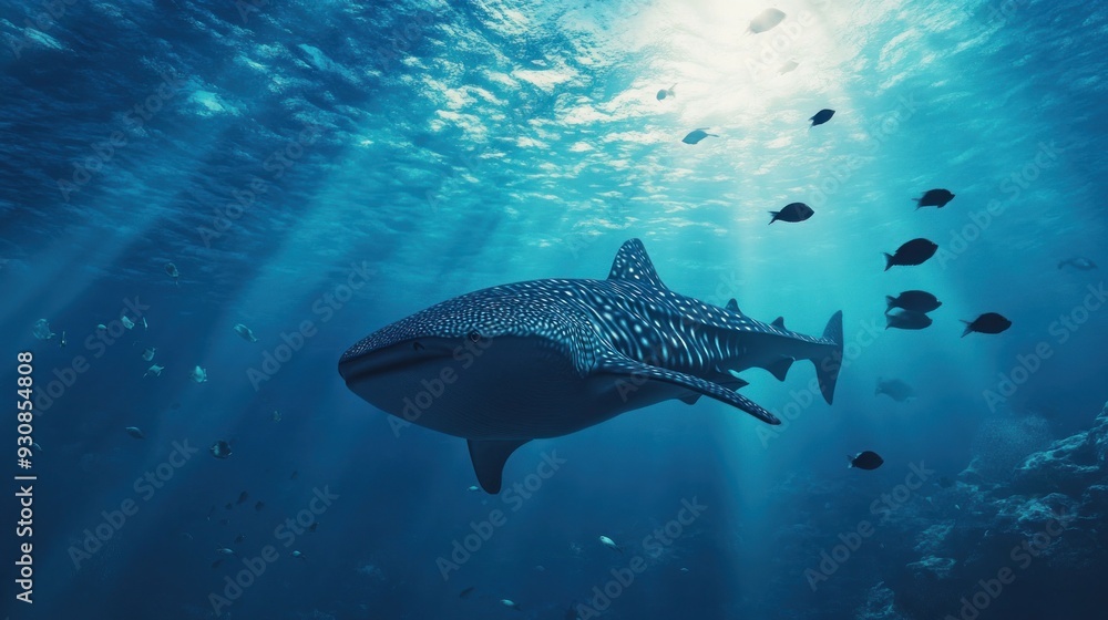Fototapeta premium Whale Shark Swimming in Blue Waters