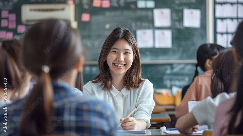 A young Asian woman smiles at the camera while sitting in a classroom with other students. A young Asian woman smiles at the camera while sitting in a classroom with other students.
