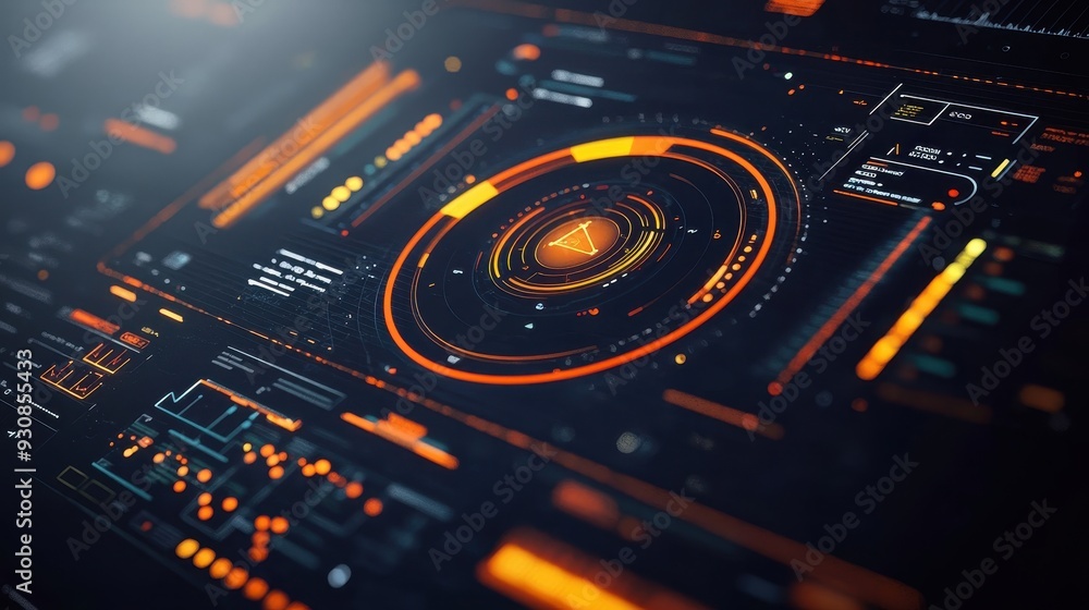 Futuristic Technology Interface with Glowing Orange and Yellow HUD Elements Futuristic Technology Interface with Glowing Orange and Yellow HUD Elements