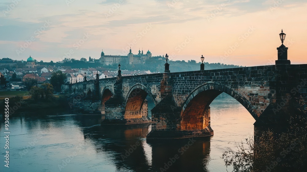 Fototapeta premium Stone Bridge Over River With Castle In Background At Sunset
