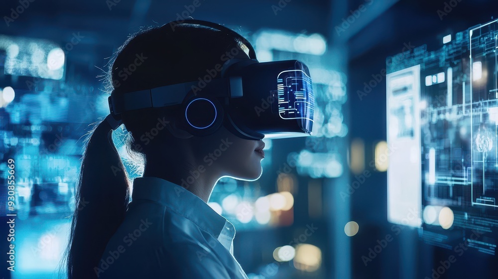 Woman Experiencing Virtual Reality Technology in Futuristic Setting Woman Experiencing Virtual Reality Technology in Futuristic Setting