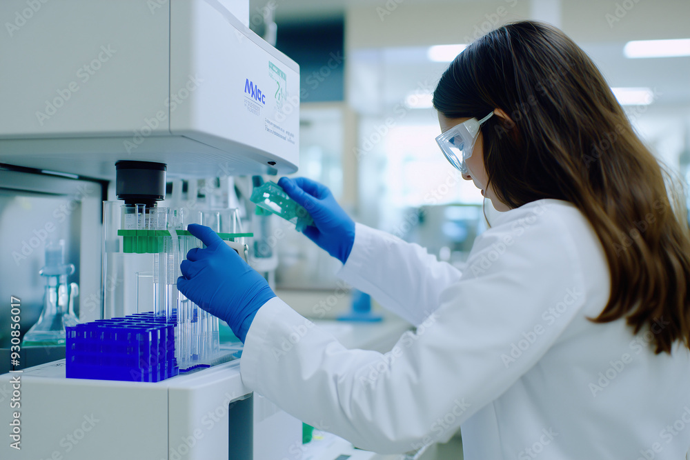 Fototapeta premium employee in a scientific laboratory, image for science and chemistry publications, test tubes and scientific technical instruments in the frame, bright room, background image