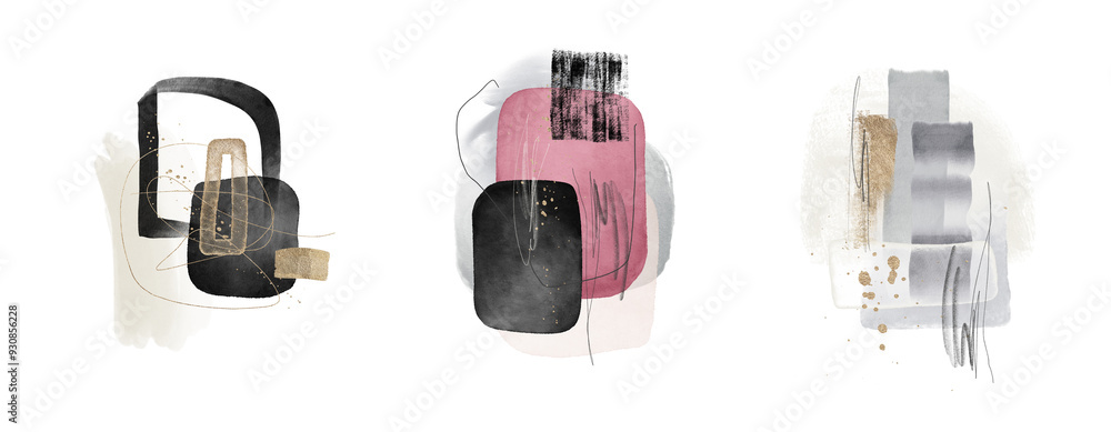 Naklejka premium Arrangements. Pink, black, ivory, grey, beige watercolor Illustration and gold elements, on white background. Abstract modern print set. Logo. Wall art. Poster. Business card.