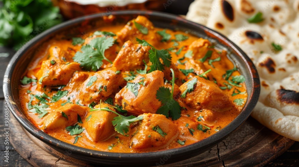Close-up of Indian butter chicken being garnished with fresh cilantro and served with naan bread Close-up of Indian butter chicken being garnished with fresh cilantro and served with naan bread