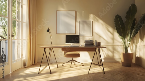 Serene Home Office with Natural Light, Minimalist Design, Indoor Plant, Wooden Desk, and Peaceful Workspace for Meditation and Mindfulness