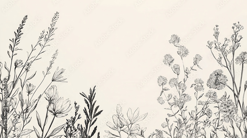 Hand Drawn Floral Border with Black Line Art on Cream Background Hand Drawn Floral Border with Black Line Art on Cream Background