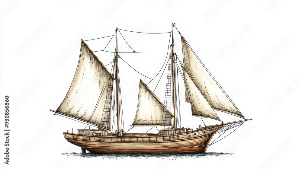 Obraz premium Hand Drawn Illustration of a Vintage Sailboat with White Sails