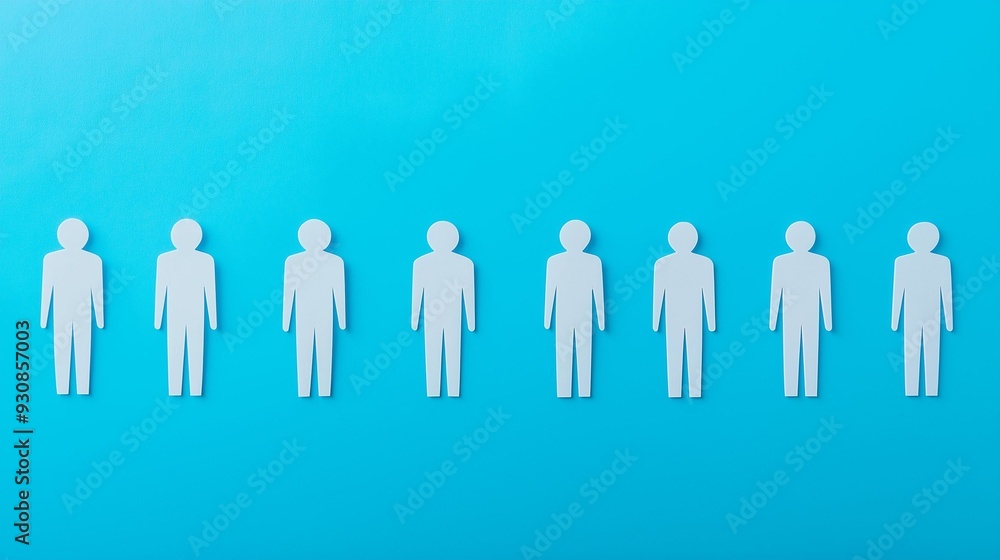A row of simple white human figures lined up on a bright blue background. A row of simple white human figures lined up on a bright blue background.