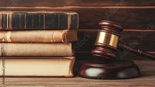 Judge's Gavel and Legal Books on Wooden Table.