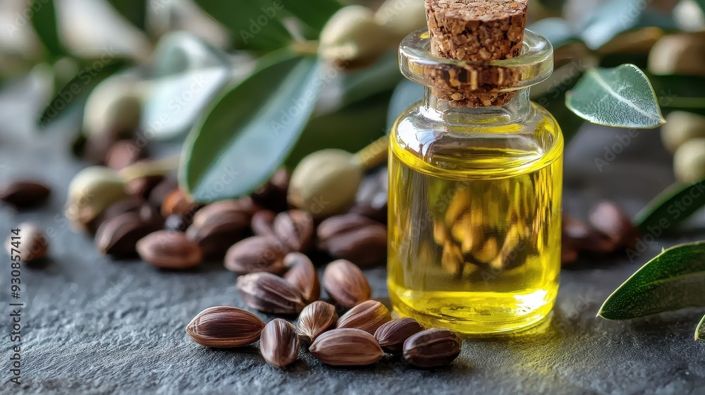 Jojoba Oil in Glass Bottle with Seeds and Leaves Jojoba Oil in Glass Bottle with Seeds and Leaves