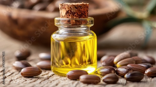 Jojoba Oil in Glass Bottle with Seeds on Wooden Background