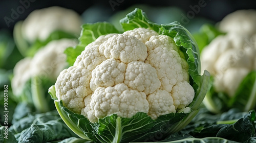 cauliflower plant stands tall in a vibrant green field, bathed in sunlight. The detailed texture of the vegetable contrasts with the soft, blurred background, emphasizing nature's abundance and harves photo