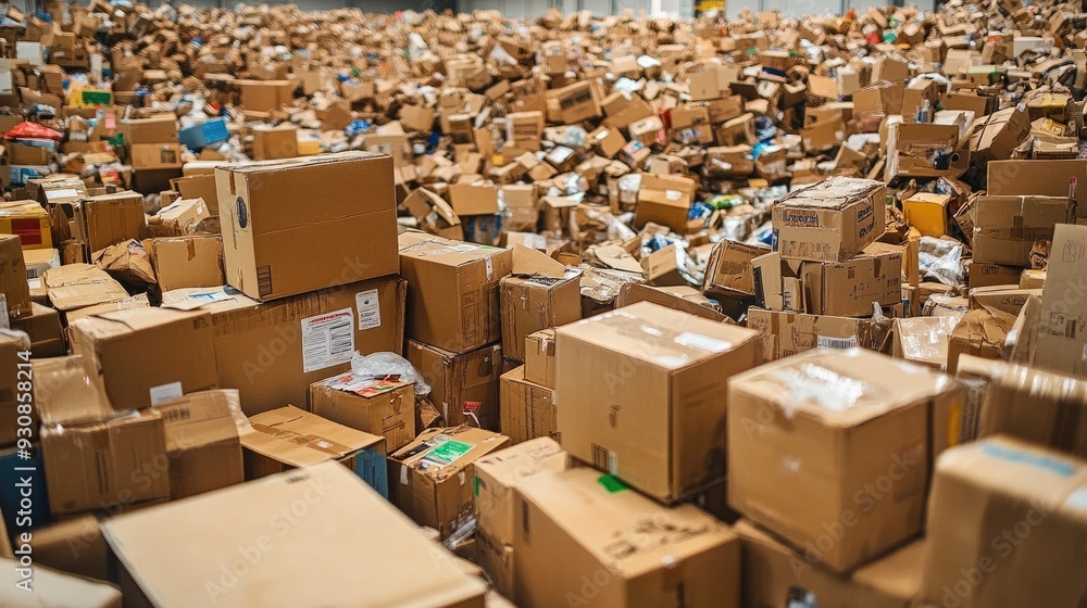 A warehouse filled with stacked cardboard boxes. This image represents the fast-growing e-commerce industry and the large volume of online orders being shipped. A warehouse filled with stacked cardboard boxes. This image represents the fast-growing e-commerce industry and the large volume of online orders being shipped.