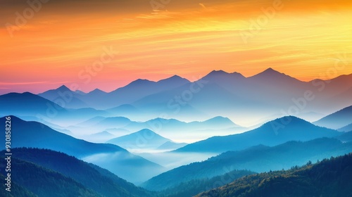 Mountain Silhouette at Sunrise with Fog and Clouds