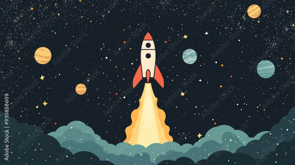 Space Rocket Launch Illustration with Stars and Planets Space Rocket Launch Illustration with Stars and Planets