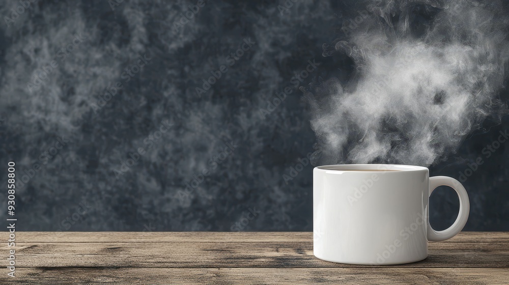 White Mug with Steam on Rustic Wooden Table Against Gray Background White Mug with Steam on Rustic Wooden Table Against Gray Background