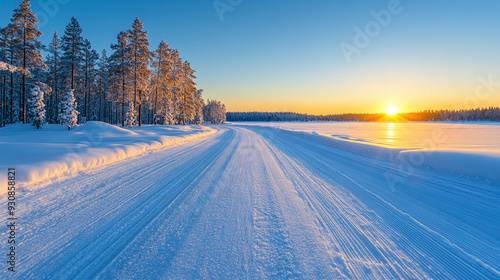 road stretches into the distance, blanketed by snow and ice. The barren winter landscape is framed by bare trees, their branches stark against the overcast sky, evoking solitude and resilience