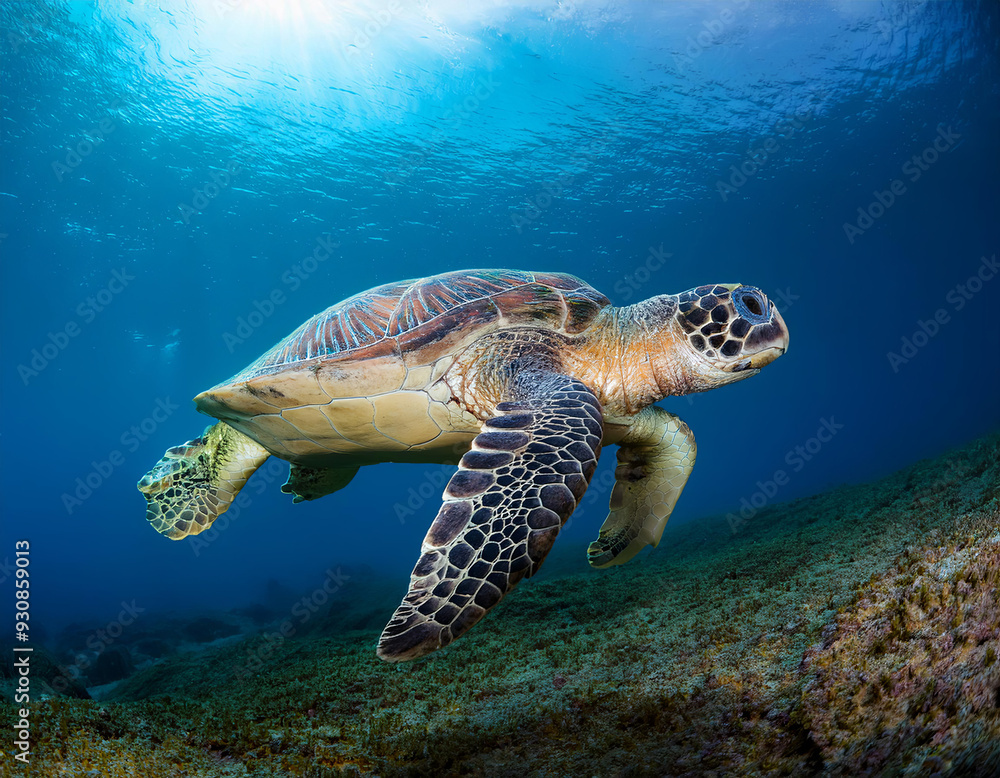 Fototapeta premium Tortue géante nage dans les fonds sous-marins