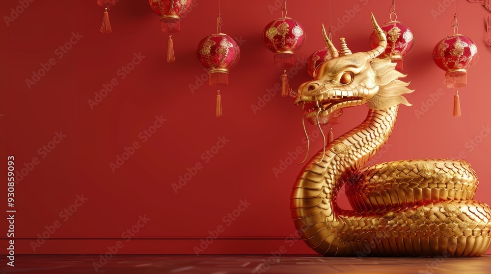 Happy chinese new year, year of the snake zodiac sign hanging beautiful lantern and flowers on red background. Chinese new year decorations. Happy chinese new year, year of the snake zodiac sign hanging beautiful lantern and flowers on red background. Chinese new year decorations.