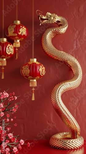 Wallpaper Mural Happy chinese new year, year of the snake zodiac sign hanging beautiful lantern and flowers on red background. Chinese new year decorations. Torontodigital.ca