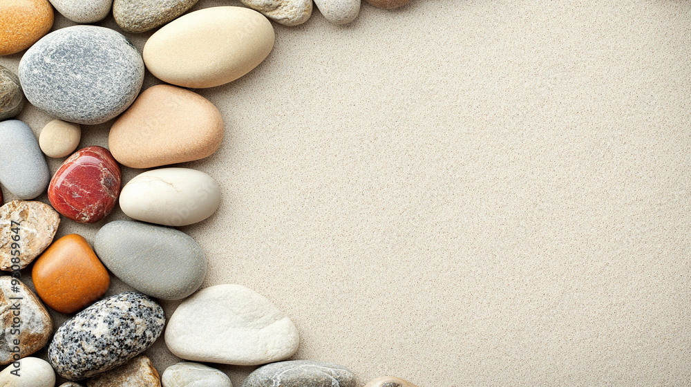 colorful pebbles and sea stones scattered on sand. The image captures the textures, shapes, and natural beauty of the stones, creating a calming and peaceful visual effect colorful pebbles and sea stones scattered on sand. The image captures the textures, shapes, and natural beauty of the stones, creating a calming and peaceful visual effect