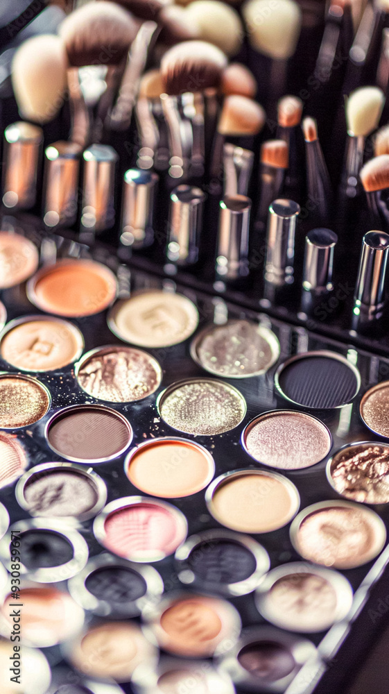 Make-up cosmetic product, beauty products and cosmetics swatch sample flatlay, various makeup brand tools as glamour fashion night out background idea