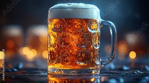 Frothy Beer in a Glass Mug with Condensation