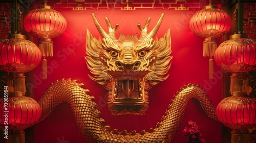 Happy chinese new year, year of the snake zodiac sign hanging beautiful lantern and flowers on red background.