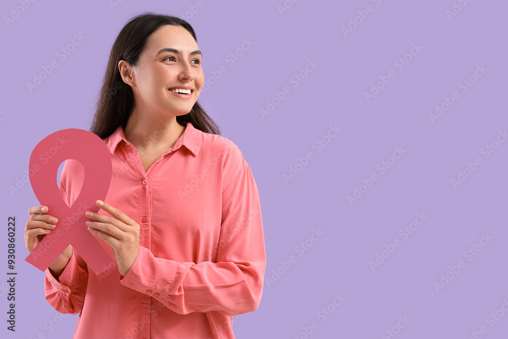 Young woman with pink ribbon on lilac background. Breast cancer awareness concept Young woman with pink ribbon on lilac background. Breast cancer awareness concept