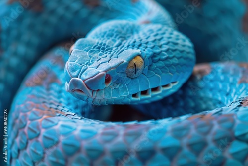 A close-up view of a vibrant blue viper coiled on a branch in a tropical rainforest during the day