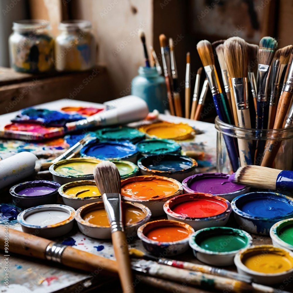 Fototapeta premium Artist's workspace with colorful paints and brushes