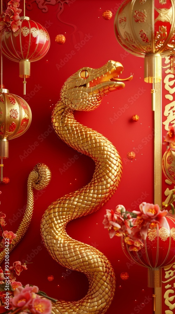 Happy chinese new year, year of the snake zodiac sign hanging beautiful lantern and flowers on red background. Happy chinese new year, year of the snake zodiac sign hanging beautiful lantern and flowers on red background.