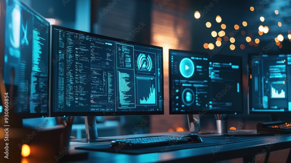 Modern Home Office Setup with Three Computer Monitors Showing Blue Data and Code Modern Home Office Setup with Three Computer Monitors Showing Blue Data and Code