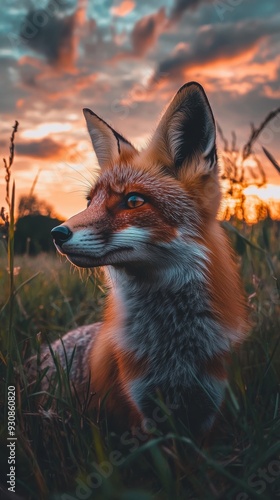 Red fox in a grassy field at