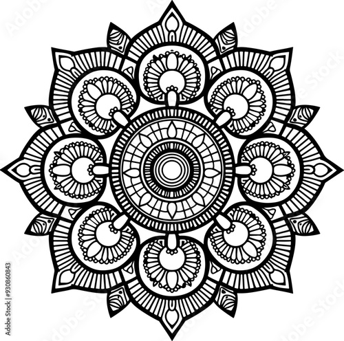 Round Mandala vector and line art with coloring page. Black and white vector mandala design with an Indian theme.