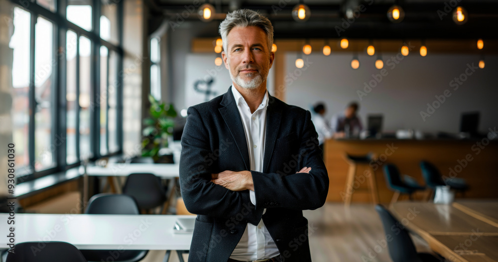 Fototapeta premium A confident businessman stands with arms crossed in a modern office with large windows and warm lighting