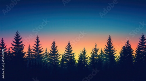 Silhouetted Pine Trees at Sunset with Colorful Sky