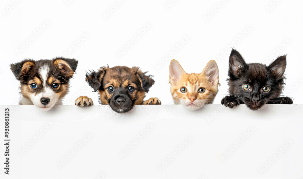 Group of playful puppies and kittens peeking over a white surface Group of playful puppies and kittens peeking over a white surface