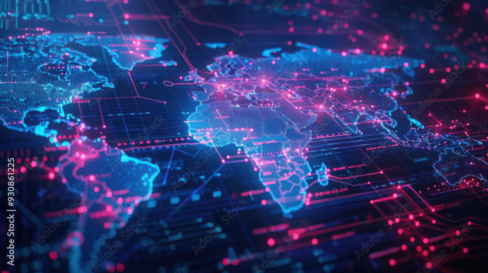 Fototapeta premium Abstract world map concept - global business network and connections, international data transfer and cyber technology.