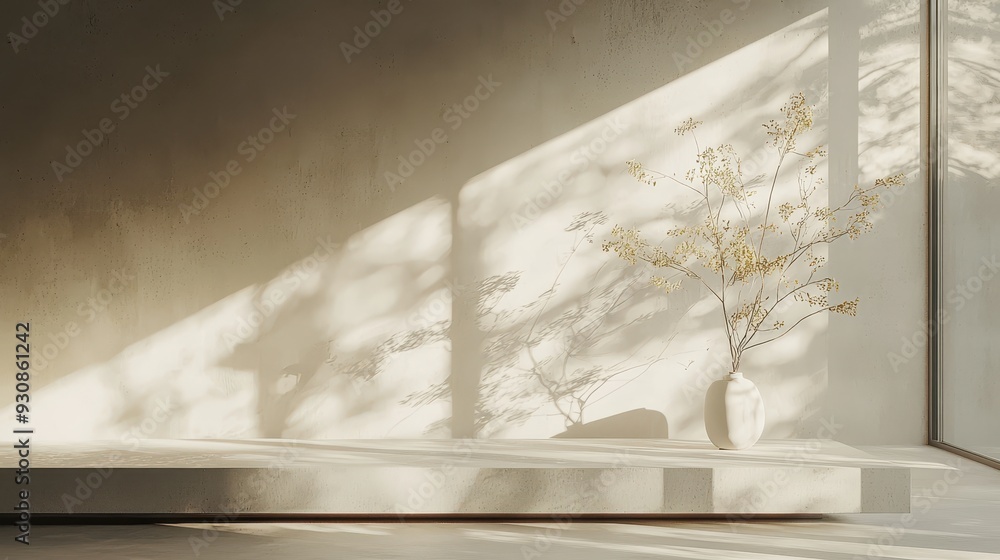Minimalist Concrete Platform with Dried Flowers and Sunbeams Minimalist Concrete Platform with Dried Flowers and Sunbeams