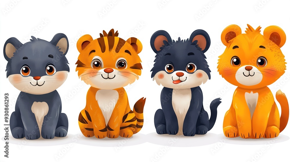 Four Cartoon Cats Sitting in a Row