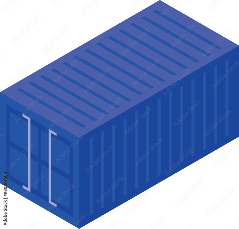 Blue cargo shipping container standing up with its doors closed in isometric view Blue cargo shipping container standing up with its doors closed in isometric view