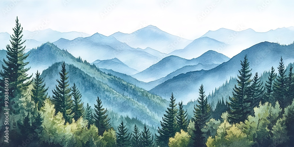 A watercolor painting of the Great Smoky Mountain range, featuring a dense forest of trees in the foreground. The towering peaks of the mountains are set against a clear sky A watercolor painting of the Great Smoky Mountain range, featuring a dense forest of trees in the foreground. The towering peaks of the mountains are set against a clear sky