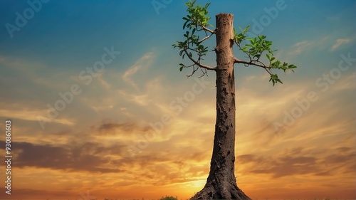 a tree that has been cut, small leaves growing in the middle, the evening sky is twilight, Generative AI