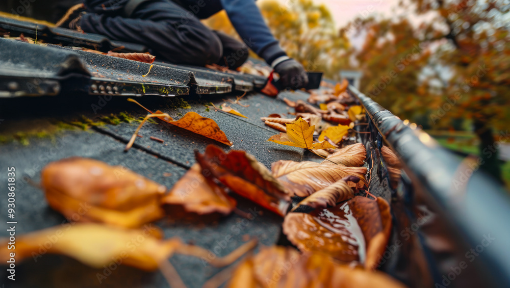 Obraz premium Man cleaning leaves from a rooftop gutter during autumn in a residential neighborhood