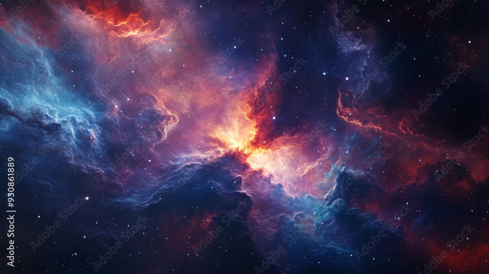 Fototapeta premium Space nebula with complex clouds of various colors ranging from blue to red, with glowing cosmic gases and distant stars embedded within. Supernatural atmosphere and deep space tones.