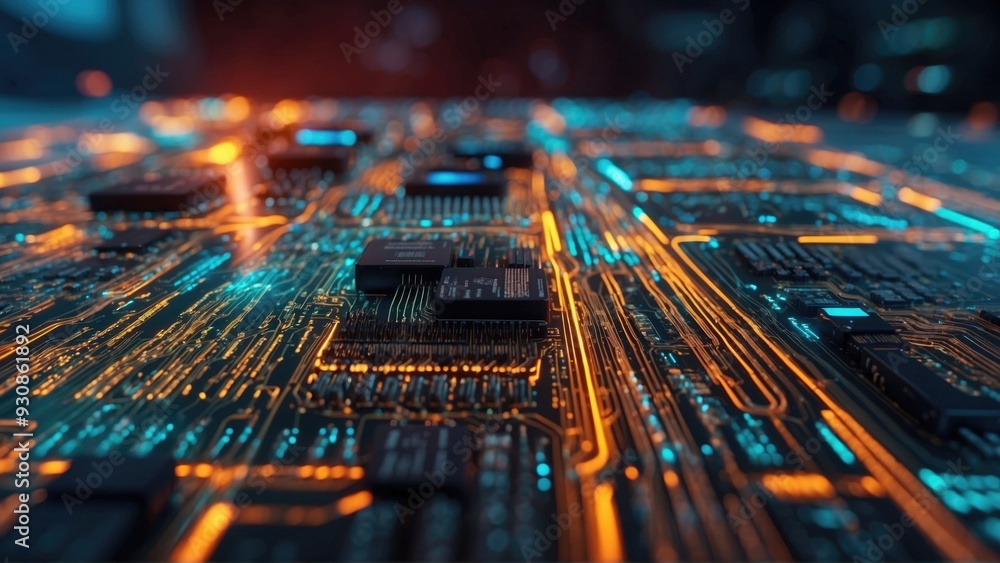 Obraz premium Abstract Close-Up of an Illuminated Circuit Board with Orange and Blue Lights