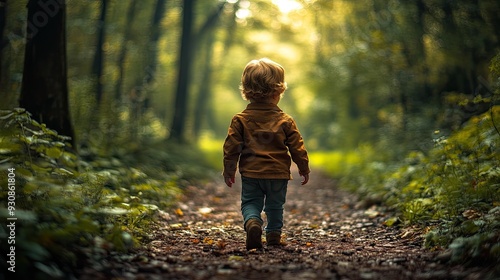 A young child walks a forest path. This photo is perfect for themes of childhood, nature, and exploration.