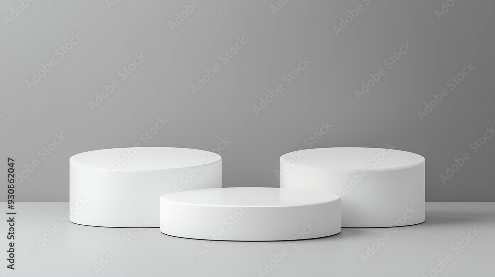 Three white cylindrical podiums on a gray background. Three white cylindrical podiums on a gray background.