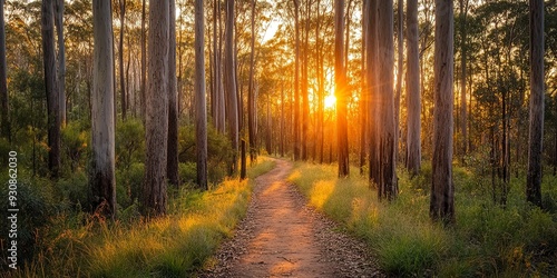 Fototapeta Naklejka Na Ścianę i Meble -  footpath trough eucalyptus forest against sunset sumbeams